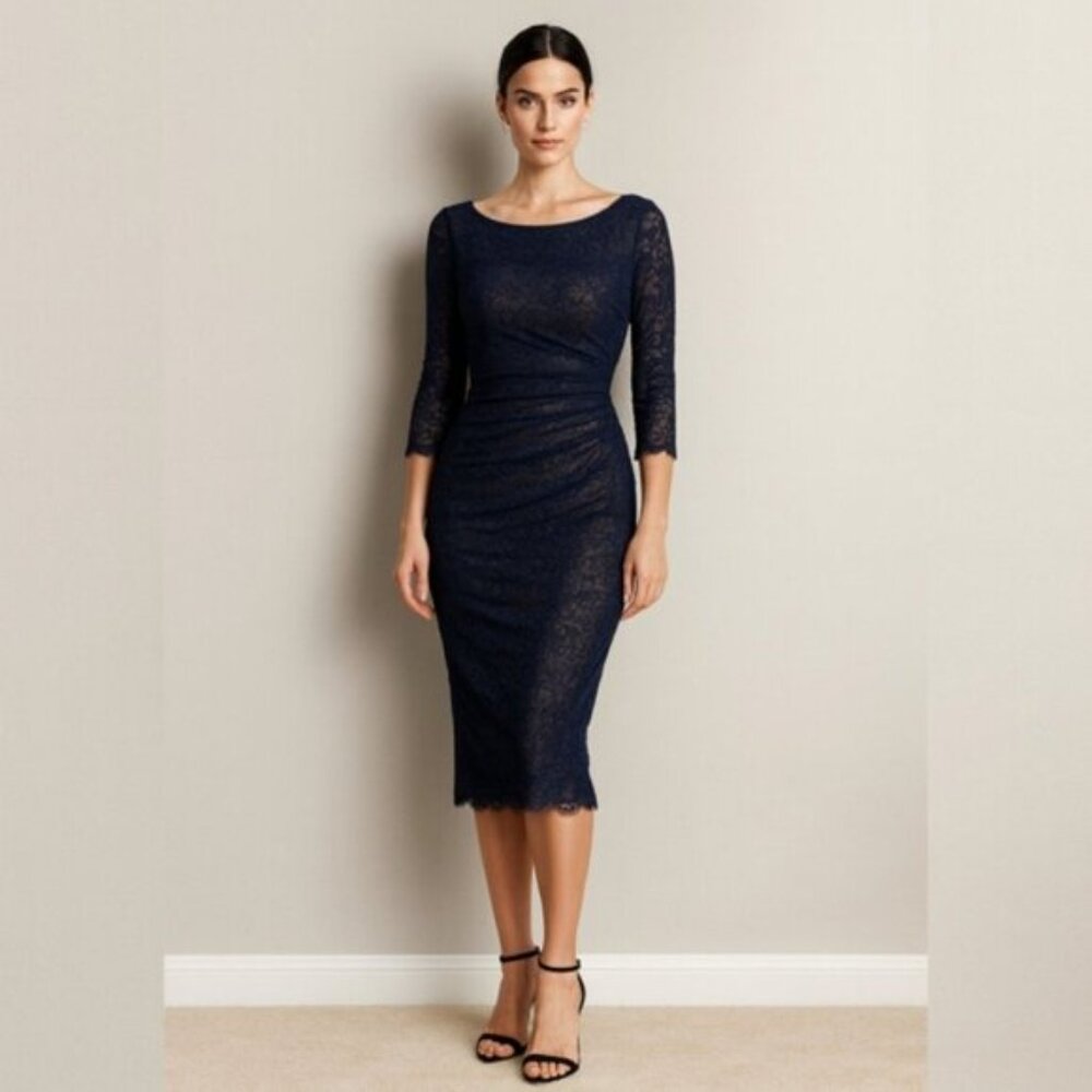 Reiss Dark Blue Lace Sheer Underlay Ruched Bodycon Midi Dress - Picture 13 of 13